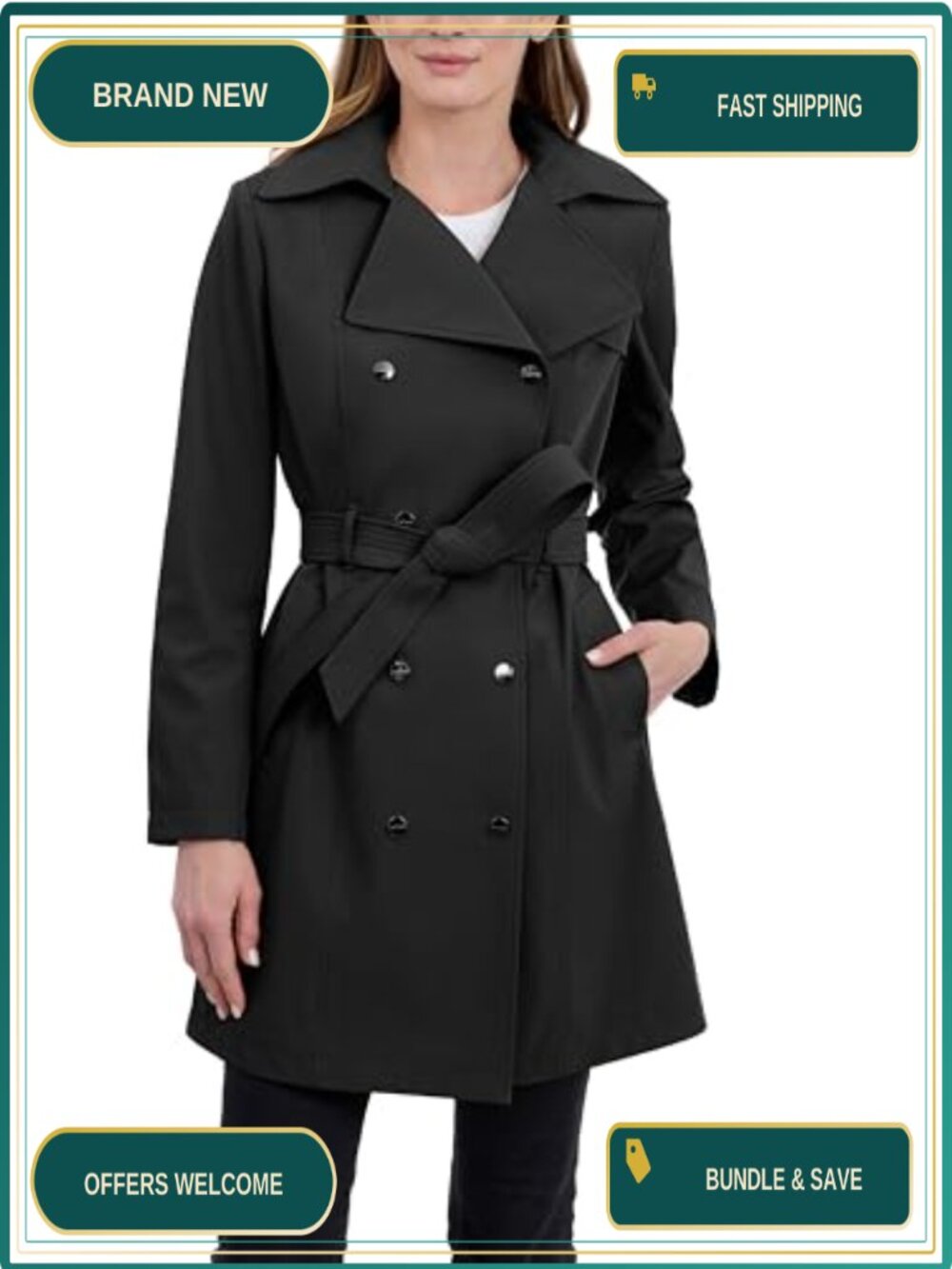 Women's Double Breasted Trench Coat Detachable Hood Belt